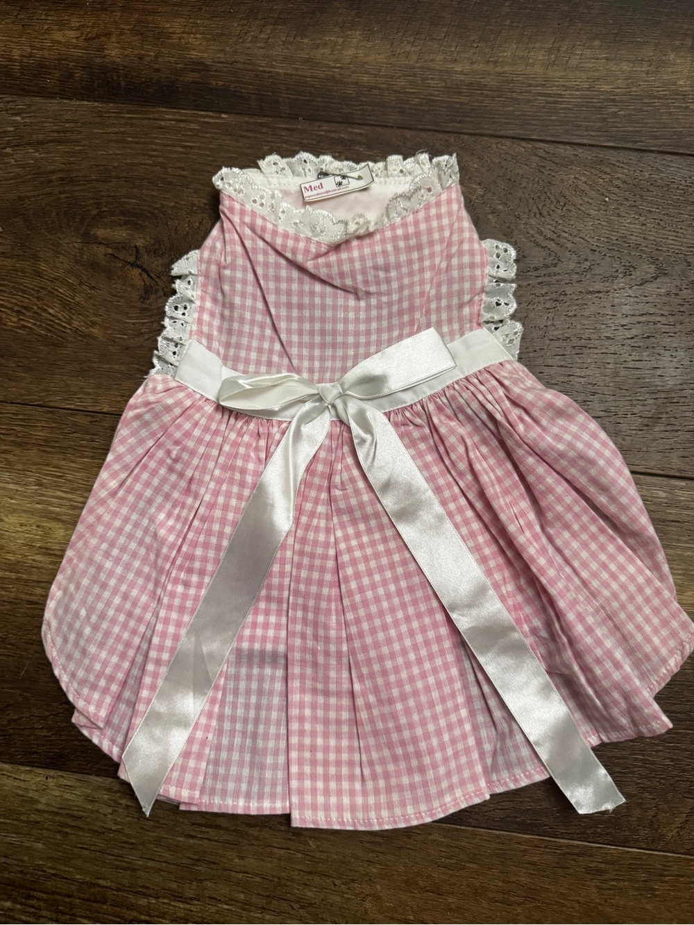 Pink Medium Dog Gingham Lace Trim Dress with Satin Bow